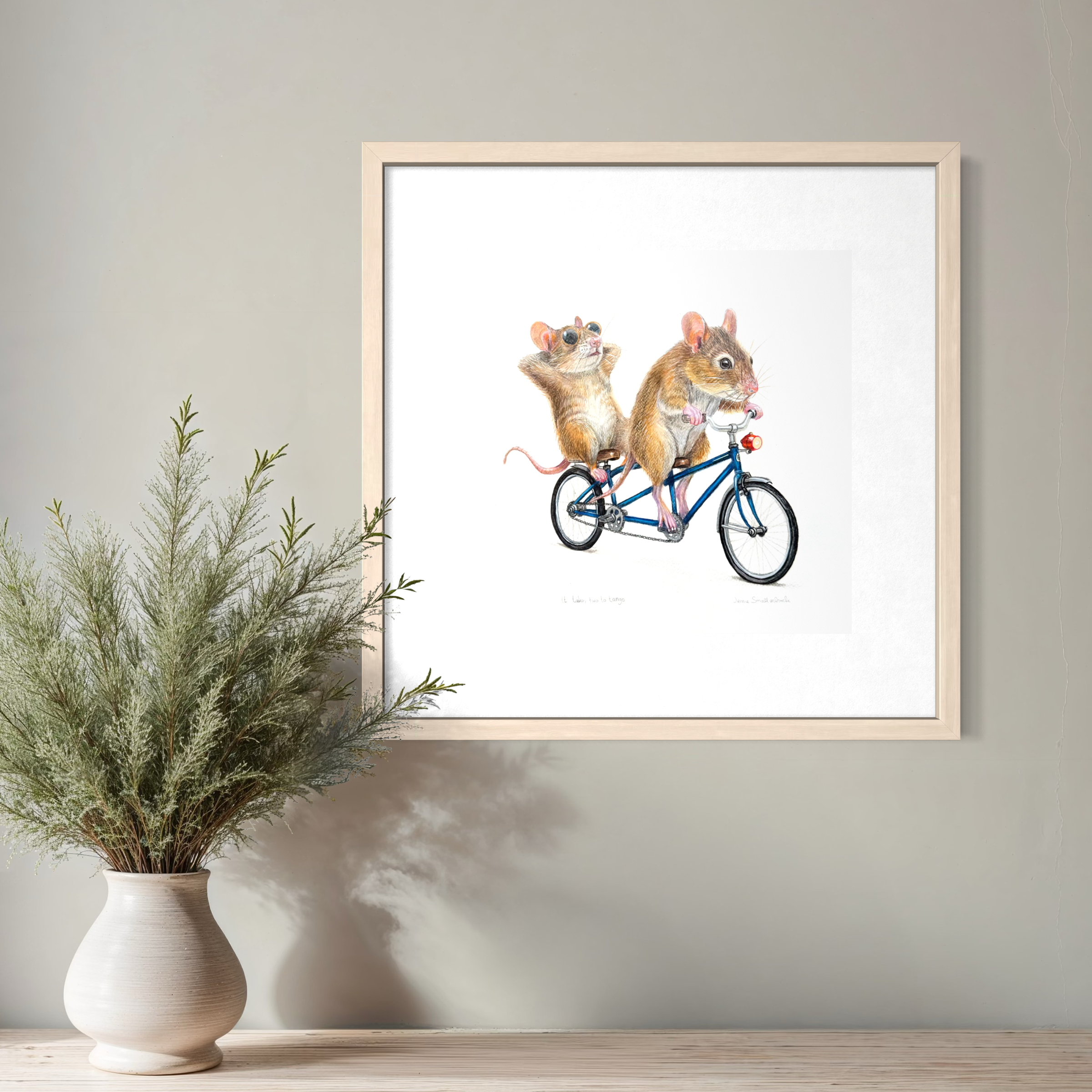 Colored pencil drawing of two mice on a tandem. It takes to to tango.